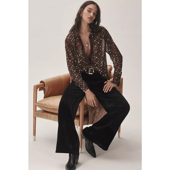 NWT Anthropologie Wide-Leg Velvet Pants $148 MEDIUM Black PLEATED Back Elastic - Picture 1 of 6